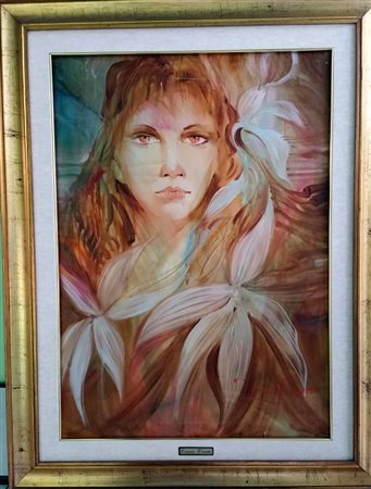 Ernando Venanzi, "Volto tra i fiori" - Olio su tela - cm 70x50