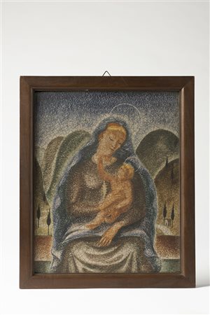 "Madonna con bambino", formella in ceramica dipinta ascrivibile ad un artista...