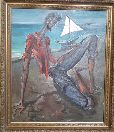 Julio Viera "Figura maschile sulla spiaggia" - 1960 - Olio su tela - cm 73x60...