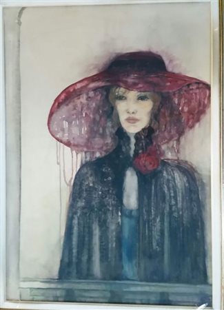 Laura Giacone "Donna dal cappello rosso" - Olio su tela - cm 100x70