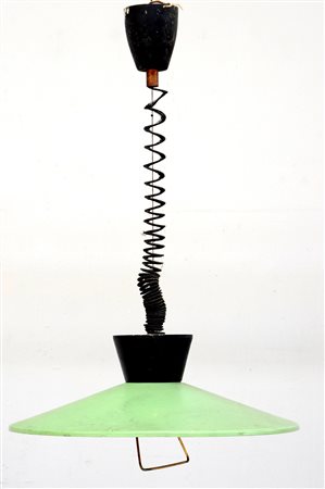 Lampada a saliscendi in metallo laccato verde e nero. Italia, anni 70 (d cm...