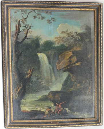 Scuola romana del secolo XVIII "Paesaggio con figure e cascata" olio su tela...