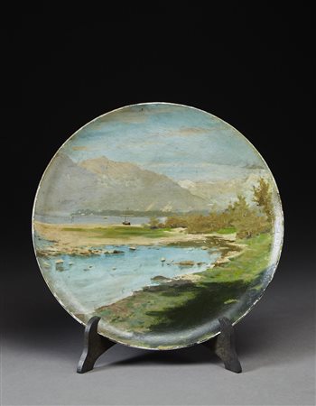 Ignoto "Lago di Como" piatto dipinto ad olio (d cm 31) Siglato A.F. in basso...