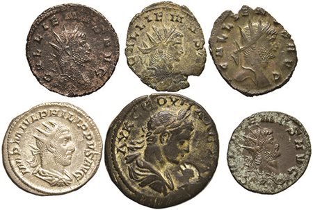 Lotto di 6 monete: un antoniniano in argento di Filippo I, una moneta in...