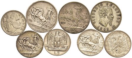 Otto monete: Vittorio Emanuele II, 2 lire 1863 Torino valore; Vittorio...