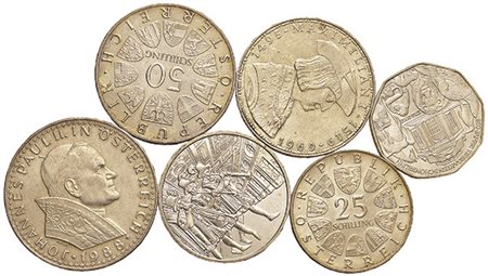 AUSTRIA. Lotto di sei monete in argento: 500 scellini 1988; 50 scellini 1965...