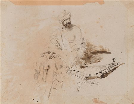 Domenico Morelli (Napoli 1823 - 1901) "Arabo con turbante" disegno a china su...