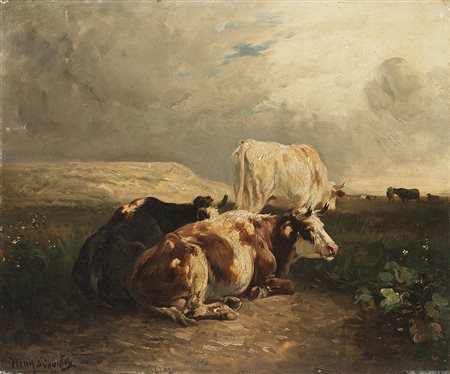 Henry Schouten (Indonesia 1864 - Gand - Belgio 1927) "Mucche al pascolo" olio...