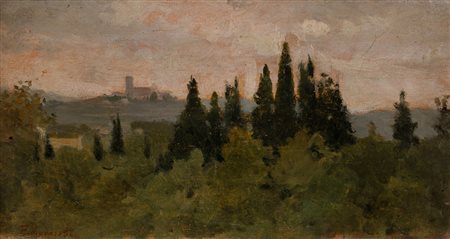 Federico Andreotti (Firenze 1847 - 1930) "Paesaggio con borgo sullo sfondo"...