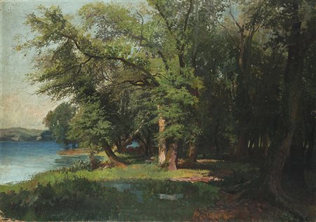 Pietro Sassi (Alessandria 1834 - Roma 1905) "Paesaggio lacustre" olio su tela...