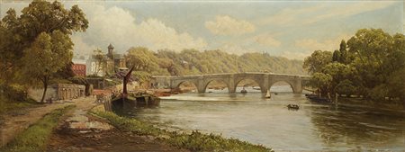 Edward Henry Holder (Scarborough 1847 - 1922) "Paesaggio fluviale con ponte"...