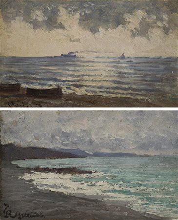 Enrico Reycend (Torino 1855 - 1928) "Paesaggi marini" coppia di dipinti ad...