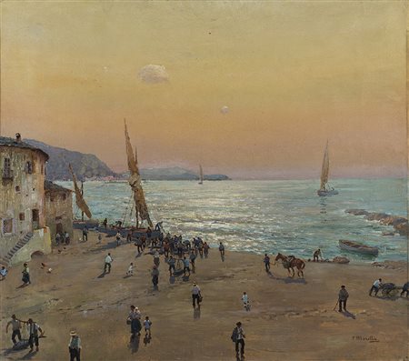 Federico Morello (Napoli 1885 - 1945) "Alba sul porto" olio su tela (cm...
