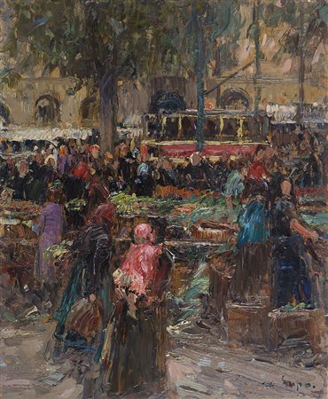 Alessandro Lupo (Torino 1876 - 1953) "Mercato rionale" olio su tavoletta (cm...