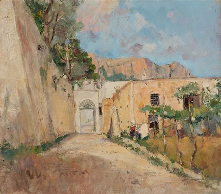 Giuseppe Casciaro (Ortelle 1861 - Napoli 1945) "Scorcio con case e figura"...