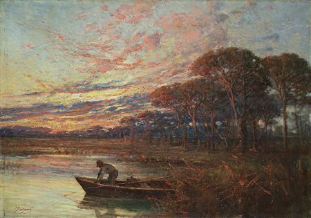 Licinio Barzanti (Forlì 1857 - Como 1944) "Paesaggio con barca al tramonto"...