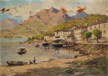 Silvio Poma (Trescore Balneario 1840 - Turate 1932) "Veduta lacustre" olio su...