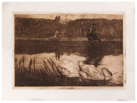 Umberto Boccioni (1882-1916), Lago con cigni, 1908 acquaforte, cm 19,5x29,5...