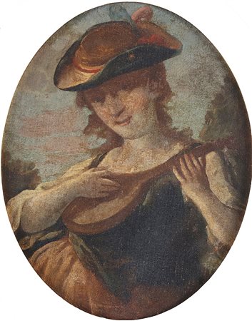 ARTISTA LOMBARDO DEL XVIII SECOLO Donna con mandolino. . Olio su tela ovale....