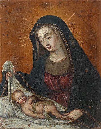 ARTISTA DEL XVII SECOLO. Madonna con bambino. . Olio su rame. Cm 13,50 x...