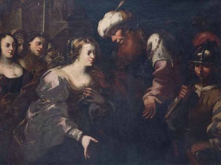 Scuola Genovese del XVII secolo ESTER E ASSUERO olio su tela, cm 119x155.