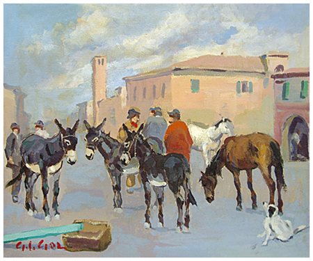 GINO PAOLO GORI Firenze 1911 – Firenze 1991 Bestiame in vendita Olio su juta...