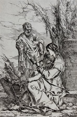 Giulio Carpioni,&nbsp;Sacra Famiglia con la Vergine che legge.Acquaforte. mm...