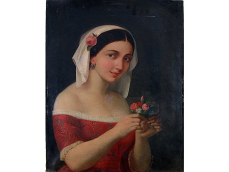 Anonimo (XX secolo) Giovinetta con mazzolino di fiori 74x60 cm Olio su tela