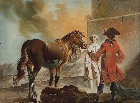 Maestro del sec. XVIII "Cavaliere, cavallo e stalliere" verre-peint (cm...