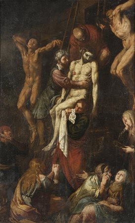 Maestro del secolo XVII "Deposizione di Cristo dalla croce" olio su tela (cm...