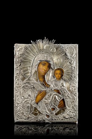 Icona raffigurante la Vergine Odighitria con riza in argento parzialmente...