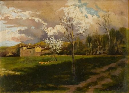 Lorenzo Delleani, Casolare alpino, 1879 Olio su tavola, cm. 24x33 Firma in...