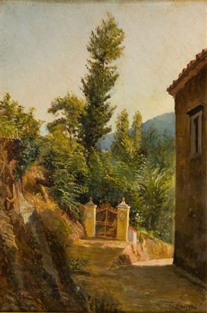 Giuseppe Laezza, Villa Sorrentino, olio su tavola, cm. 38x26 Firma in basso a...