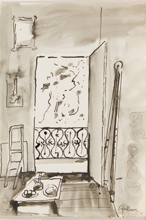 Enrico Paulucci, Interno Studio, 1950 Acquarello e china su carta, cm. 34x24...
