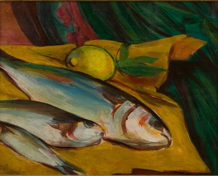 Luigi Spazzapan, Natura morta con pesci e limone, 1940' Olio su cartone...
