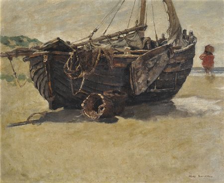 Max Gaisser (1857 - 1922) Boot am Strand;Öl auf Leinwand, 52,5 x 64 cm,...