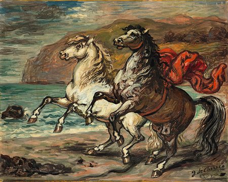 GIORGIO DE CHIRICO (1888 - 1978) Cavalli presso un golfo, 1958 olio su tela,...
