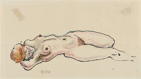 George Grosz (Berlino 1893 - 1959)"Nudo disteso" 1915tecnica mista su cartacm...