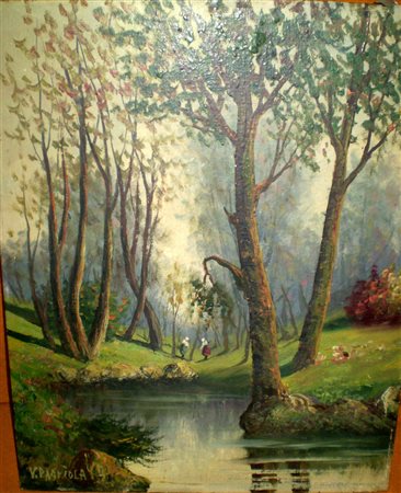 V. Passaiola, "Laghetto nel bosco", olio su cartone telato cm 50x40
