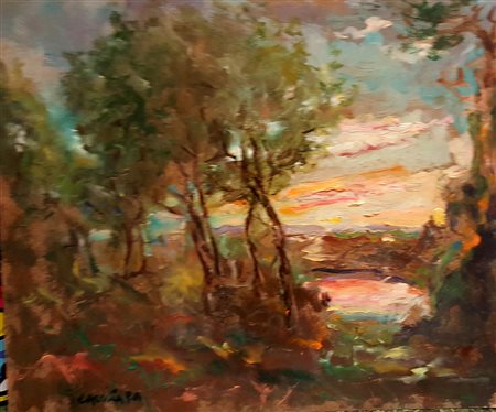 Piero Cassina, "Paesaggio boschivo", olio su tavola cm 50x60