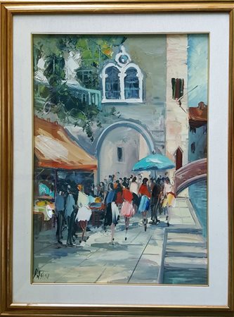 Zan, "Mercato a Chioggia", olio su tela cm 70x50