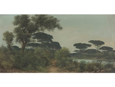 Henry Marko (1855-1921), Olio su tela,Veduta di campagna con alberi e fiume...