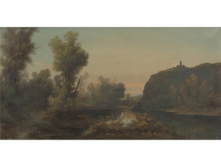 Henry Marko (1855-1921), Olio su tela,Veduta di campagna con fiume e paese...