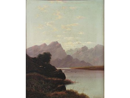 Firma Illeggibile (XIX secolo), Olio su tela,Paesaggio montano con lago 54x43 cm