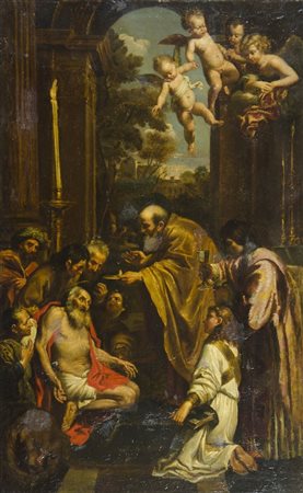 Maestro del XVIII secolo "San Girolamo e gli angeli" cm. 63x39 - olio su...