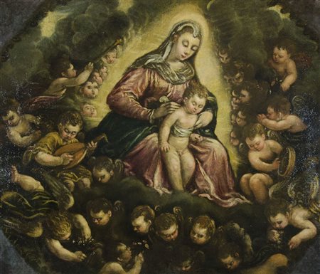 Maestro del XVI secolo "Madonna in gloria con angeli musicanti" cm. 117x91 -...