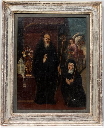 Antico dipinto ad olio su tela applicata su tavola raffigurante vescovo...