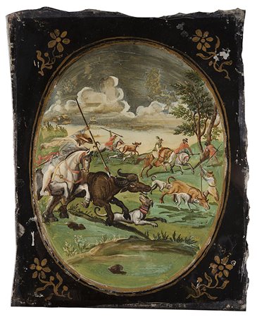Scuola indo-portoghese del secolo XVIII "Scena di caccia al bufalo" verre...