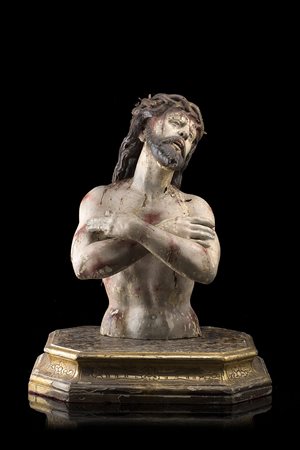 Arte del secolo XIX "Ecce Homo" scultura in legno decorato in policromia (h....