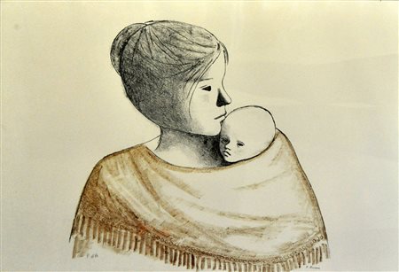 XAVIER BUENO, Maternità, Litografia a colori, Es. PdA, cm. 50×70, Firma in...